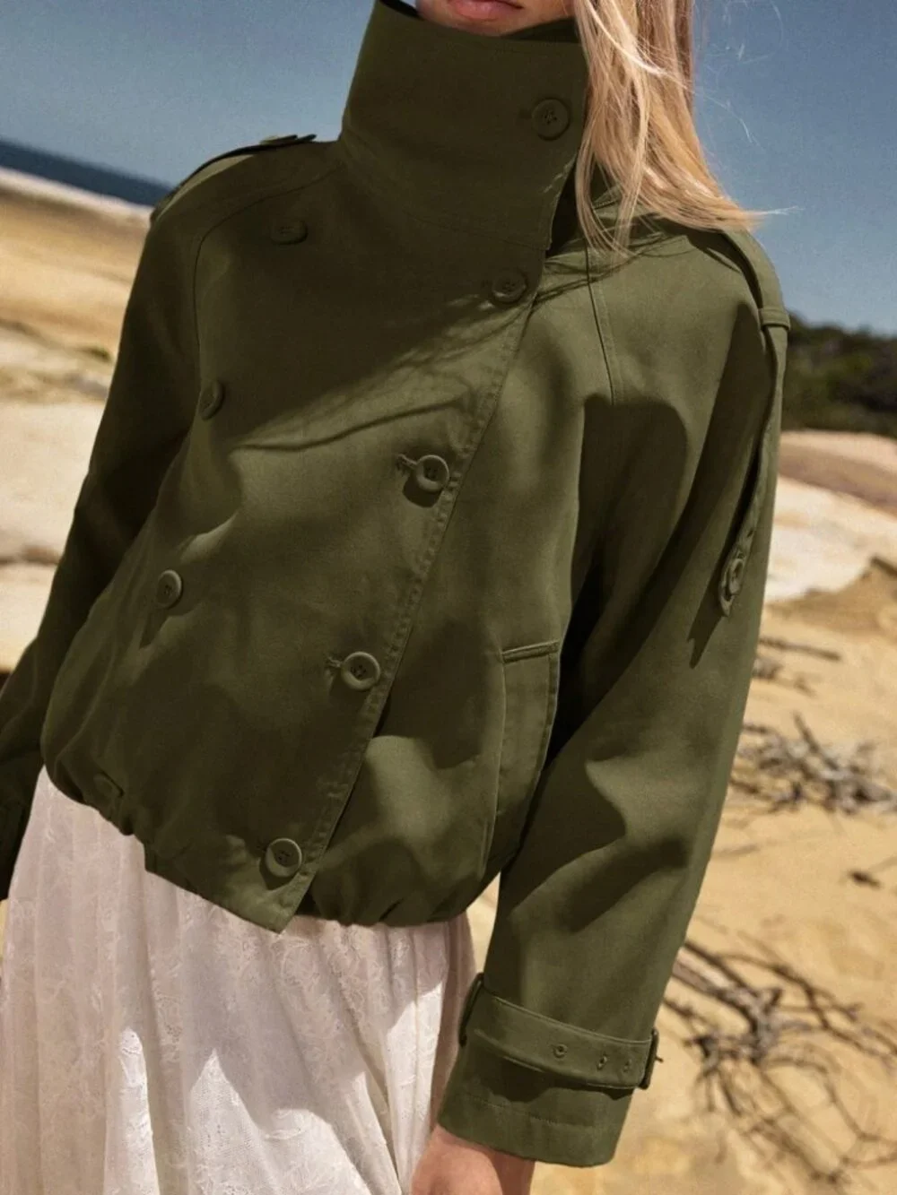 Olive Green Oversized Cropped Trench Jacket with Belted Cuffs